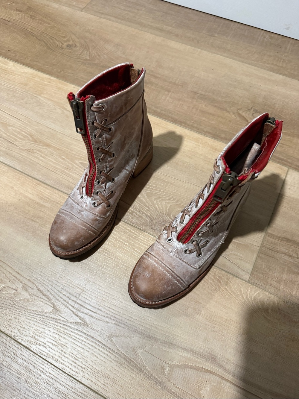 freebird Tan Leather Combat Boots with Red Zip Accent